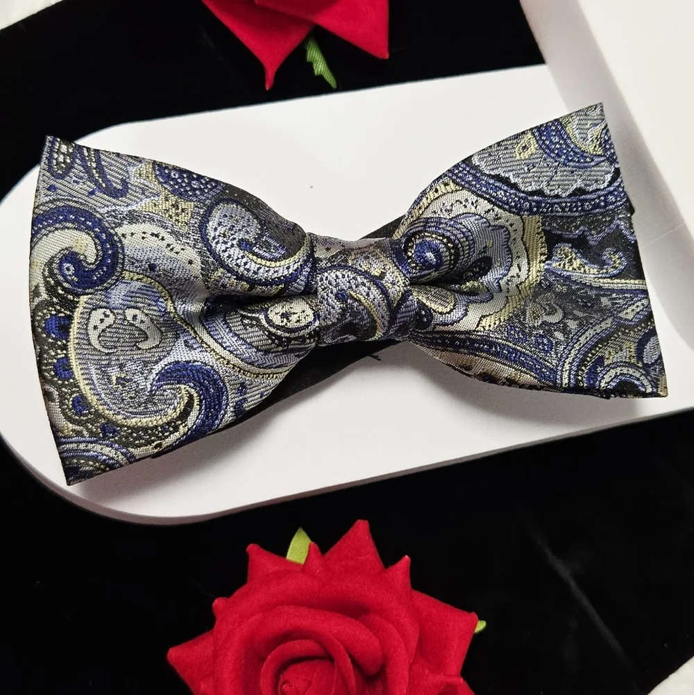 Silver Blue Paisley Bow Tie Pocket Square & Cufflinks Set – Wedding Prom Tux 4pc